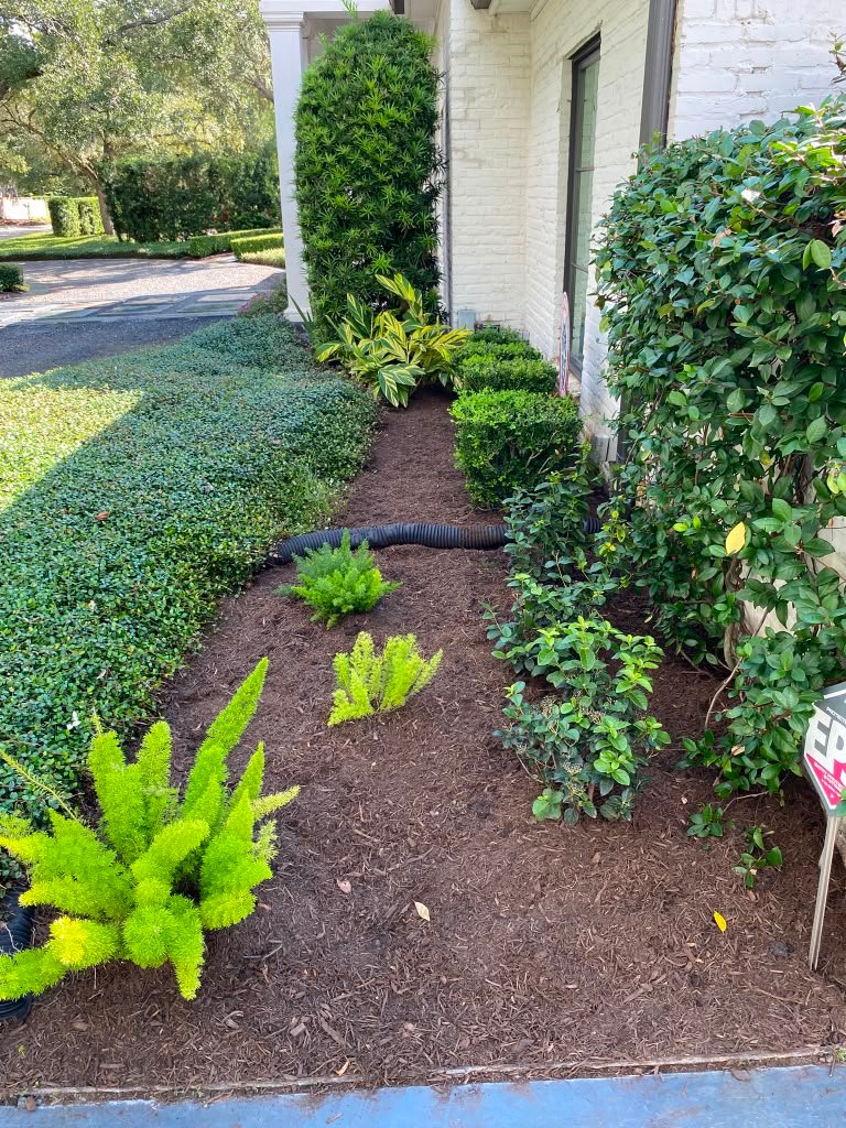 Fresh mulch installed in a residential landscape bed